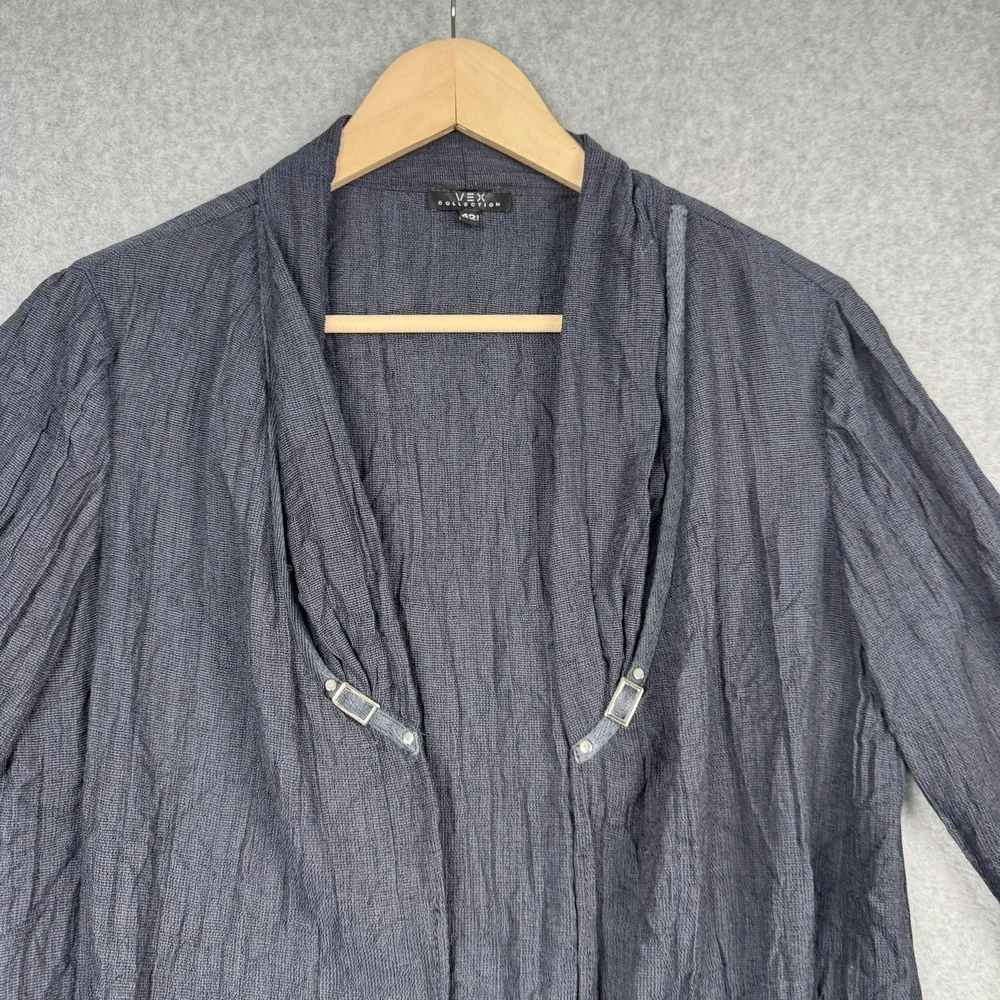 Vex Collection Cardigan Womens 42 / Large Navy‎ Crinkle Buckle 3/4 Sleeve Open